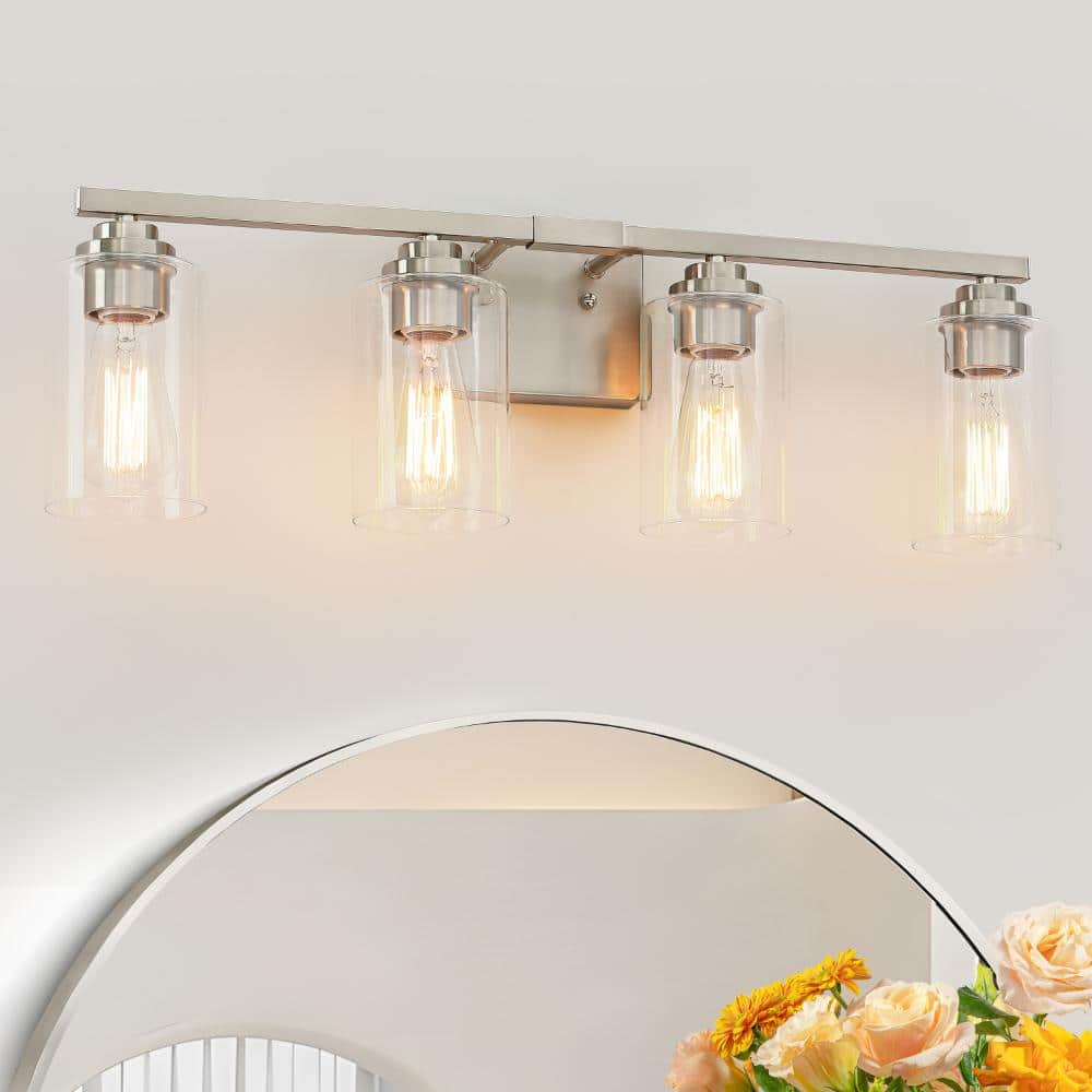 modern 27 in. 4 light brushed nickel bathroom vanity light with clear glass shade wall sconce for mirror