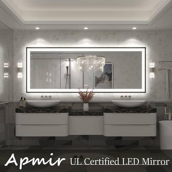 84 in. W x 32 in. H Rectangular Space Aluminum Framed Dual Lights Anti-Fog Wall Bathroom Vanity Mirror in Tempered Glass