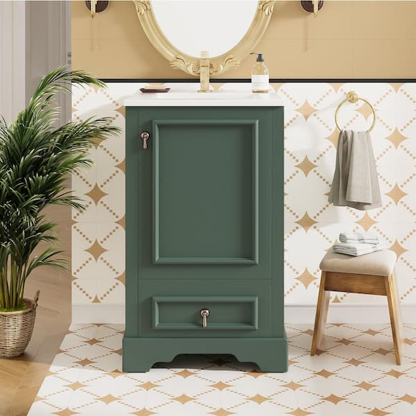 20 in. Freestanding Green Bath Vanity with White Ceramic Top Soft Closing Door and Drawer