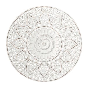 36 in. x  36 in. Wood White Handmade Intricately Carved Floral Wall Decor with Mandala Design