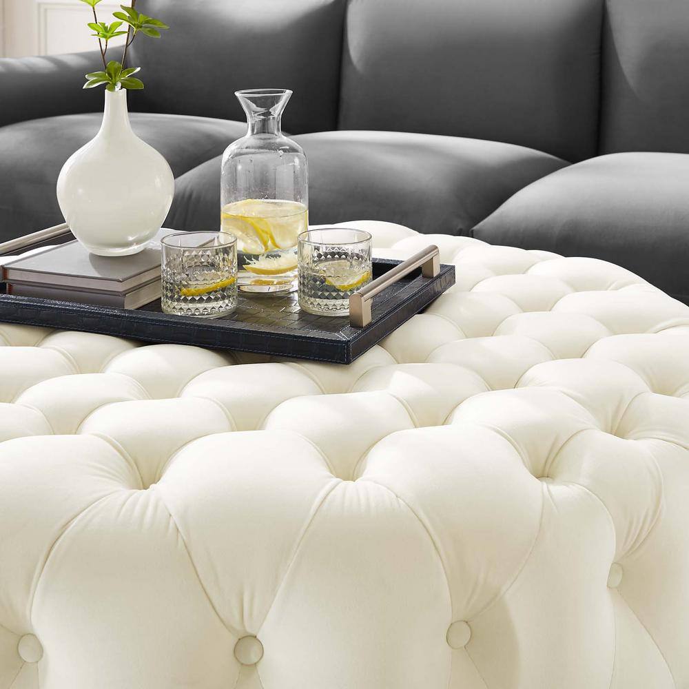 Amour 40'' Ivory Velvet Tufted Large Round Ottoman