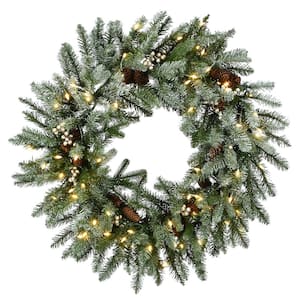 24 in. Artificial Feel Real Snowy Morgan Spruce Wreath with 50 Warm White Battery Operated LED Lights with Timer