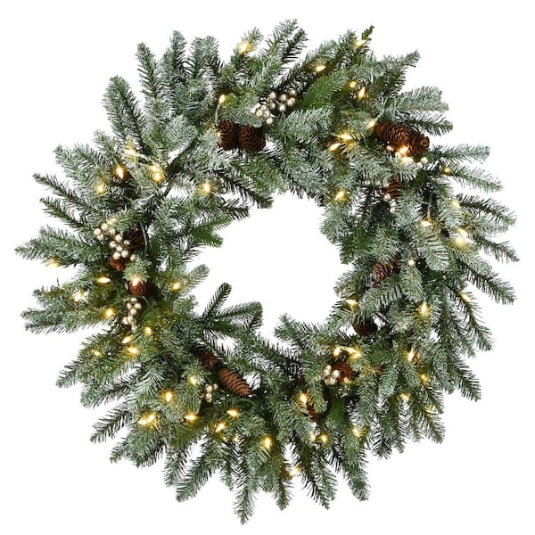 National Tree Company 24 in. Artificial Feel Real Snowy Morgan Spruce Wreath with 50 Warm White Battery Operated LED Lights with Timer