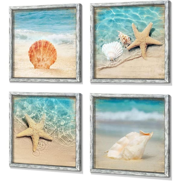 Unbranded 4 Piece Wood Framed Seascape Artwork Wall Decor 12 in. x 12 in.