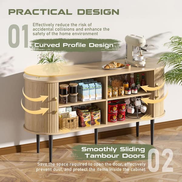 55 in. Sideboard Buffet Accent Cabinet with Sliding Tambour Door, Shelves, and Curved Side Cabinet in Wood Color
