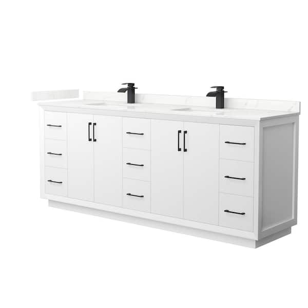 Wyndham Collection Strada 84 in. W x 22 in. D x 35 in. H Double Bath Vanity in White with Giotto Quartz Top