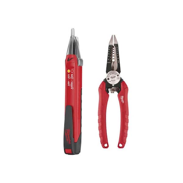 Milwaukee 1000 Volt Dual Range Non Contact Digital Voltage Detector and Combination Electricians 6in1 Wire Stripper/Cutter Pliers