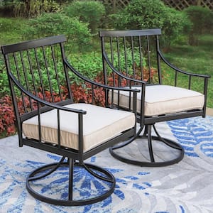 Black Metal Swivel Stripe Stylish Patio Outdoor Dining Chair with Beige Cushion (2-Pack)