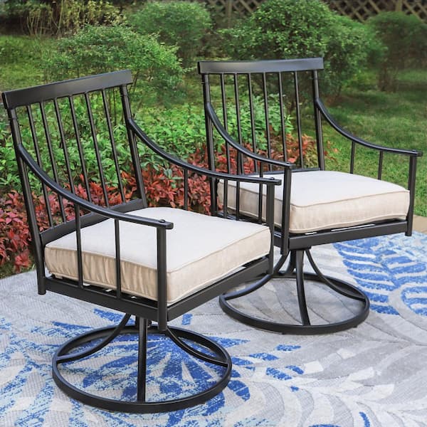 PHI VILLA Black Metal Swivel Stripe Stylish Patio Outdoor Dining Chair with Beige Cushion (2-Pack)