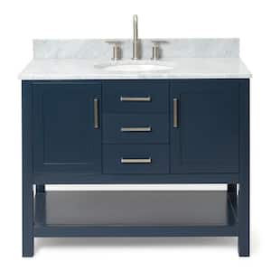 Bayhill 43 in. W x 22 in. D x 35.25 in. H Freestanding Bath Vanity in Midnight Blue with Carrara White Marble Top