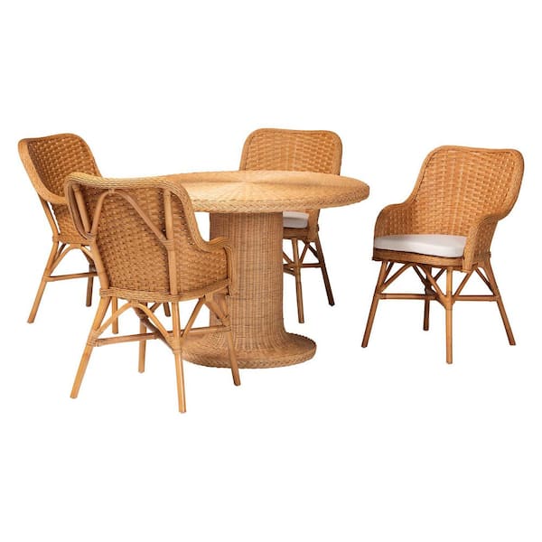 Wistan 5-Piece Light Honey Rattan Top Dining Set Seats 4