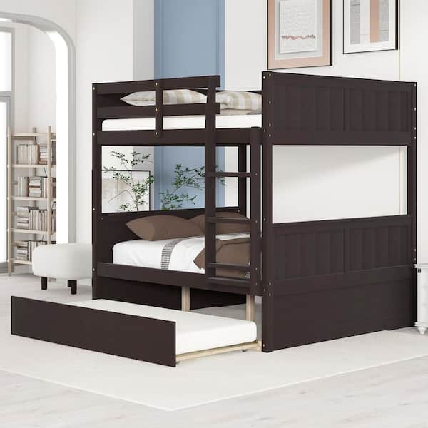URTR Espresso Full Over Full Bunk Bed for Kids Teens, Detachable Wood Full Bunk Bed Frame with Twin Size Trundle