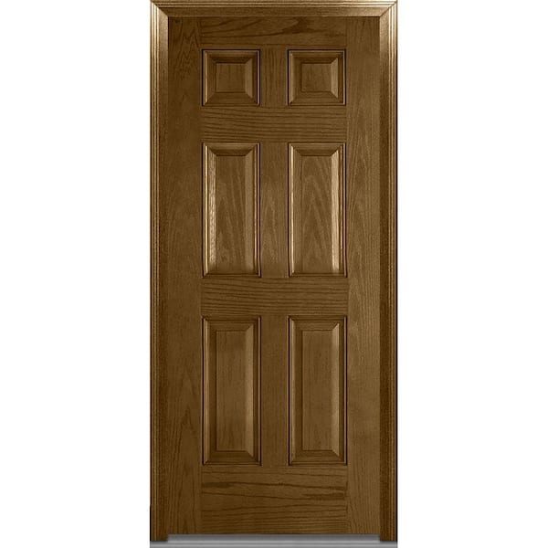 MMI Door 32 in. x 80 in. Severe Weather Left-Hand Outswing 6-Panel Stained Fiberglass Oak Prehung Front Door