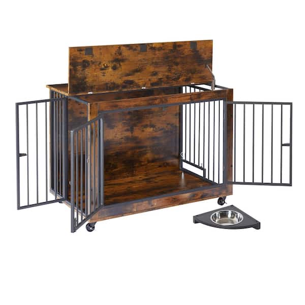 Foobrues Dog Crate Side Table With Rotatable Feeding Bowl, Wheels, 3-Doors for Small to Medium Dog