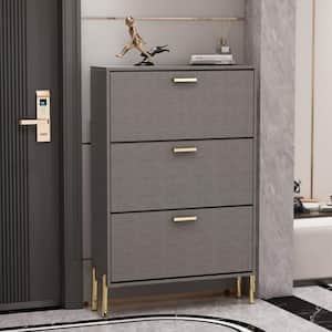 Gray Shoe Storage Cabinet with 3-Drawers and 6-Compartments and Gold Metal Legs