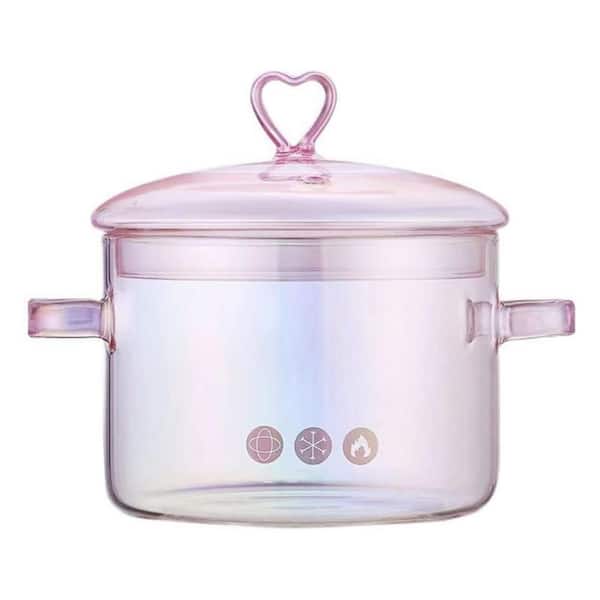 Glass Saucepan 5.9 in. High Borosilicate Heat-Resistant Pink with Lid Clear Design for Soup Milk Baby Food
