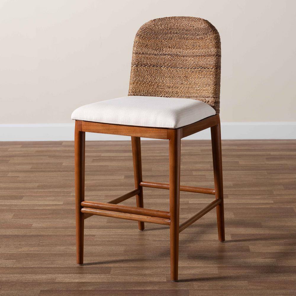 Nadim White Fabric and Acacia Wood Counter Stool with Seagrass Backrest