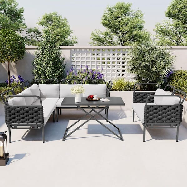 Unbranded 5 Piece Metal Plus Braided Rope Outdoor Modern Patio Sectional Sofa Furniture Set with Glass Table and Gray Cushions