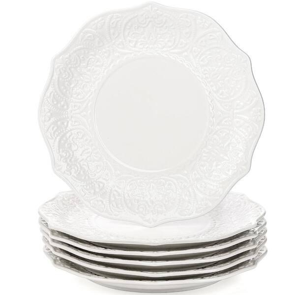 Set of 6 Porcelain 8 Inch Salad Plates with Embossed Petal Design for Serving Desserts and Small Meals