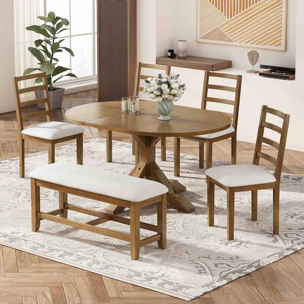 Polibi 6-Piece Farmhouse Dark Brown Extendable Wood Top Dining Room Set Seats 5