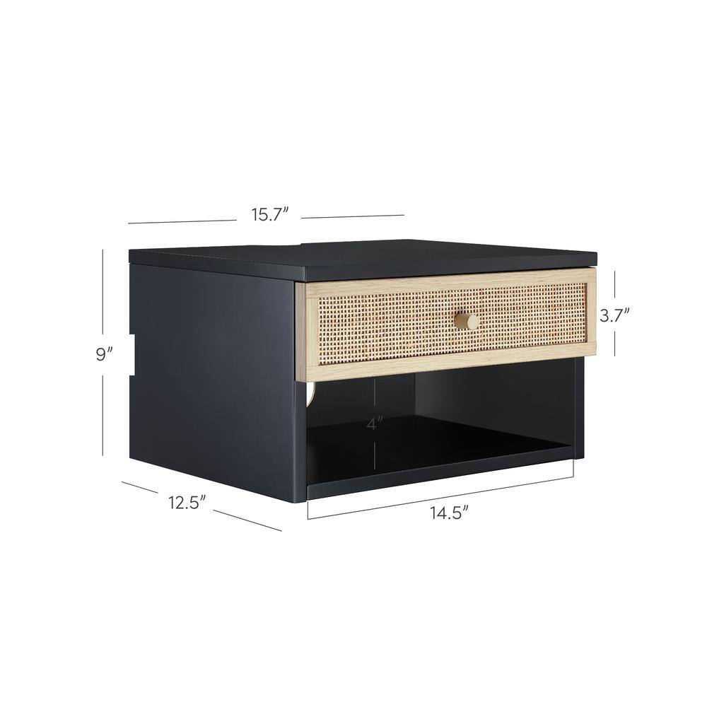 Black and Rattan Floating Nightstand with Storage Drawer and Cubby