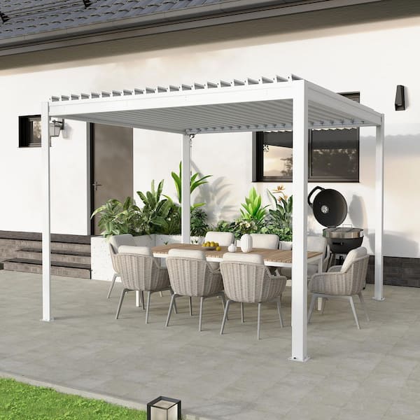 10 ft. x 10 ft. Aluminum Frame Louvered Pergola with Adjustable Roof, Efficient Drainage System in White