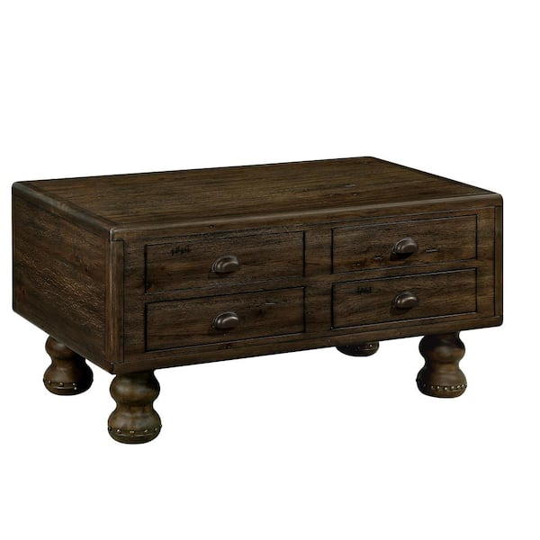 Unbranded 40 in. W Espresso Solid Wood Rectangle Coffee Table with 4 Drawers and Rivet Decoration Legs