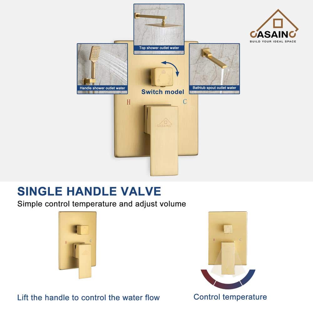 Brushed Gold 10" Square Rainfall Shower System with Handheld