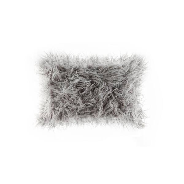 Luxe Faux Fur Frisco Mongolian Sage Grey 12 in. x 20 in. Faux Sheepskin Fur Pillow