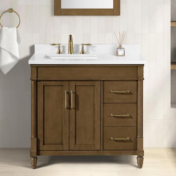 Salisbury 36 in. Single Sink Almond Latte Bath Vanity with White Engineered Marble Top
