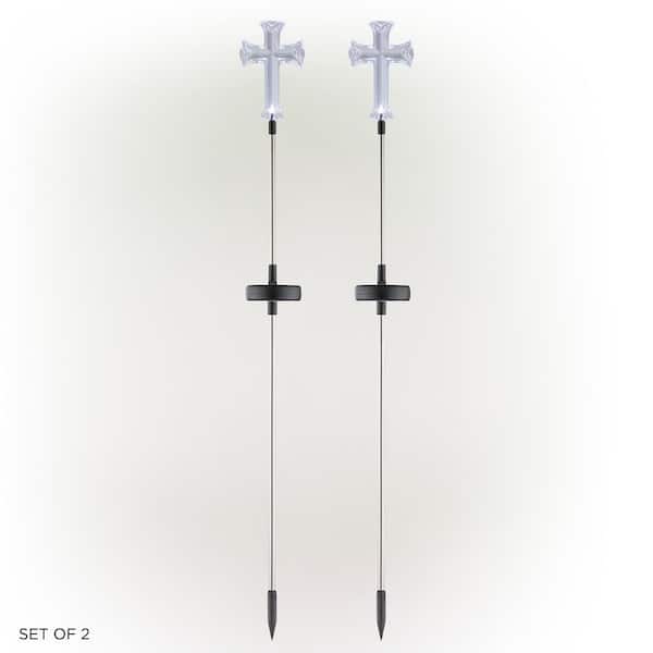 Alpine Corporation 34 in. Tall Outdoor Solar Powered Cross Clear LED Path Light Stakes (Set of 2)