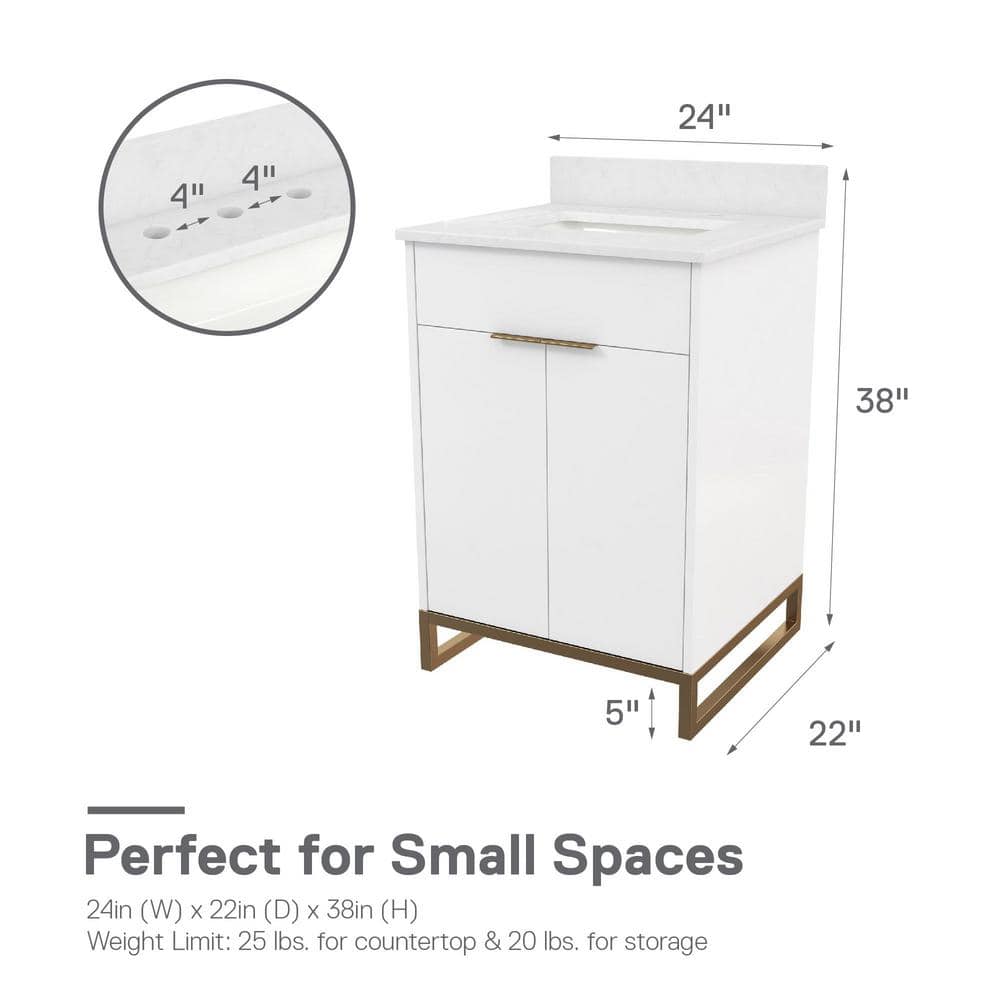 Leona 24" White and Gold Freestanding Bathroom Vanity