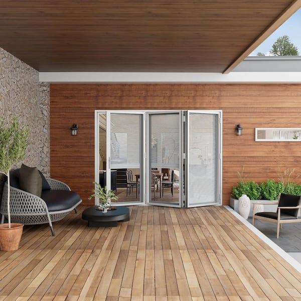 108 in. x 96 in. Right Swing/Outswing Double Tempered Glass White Louver Aluminum Folding Patio Door