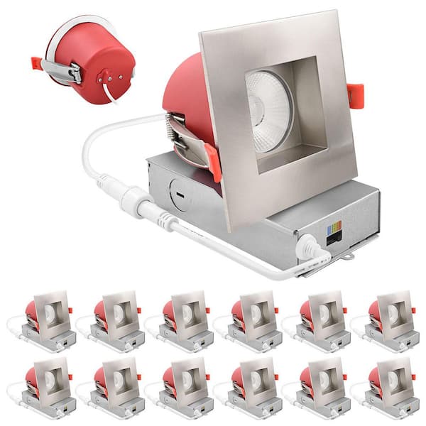 LUXRITE 4 in. Square Integrated LED Recessed Light J-Box 5CCT 2 Hour Fire Rated 15W 1000 60° Dimmable Brushed Nickel 12PK