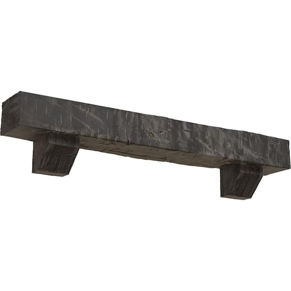 Ekena Millwork 4 in. x 8 in. x 3 ft. Hand Hewn Faux Wood Fireplace Mantel Kit with Ashford Corbels, Aged Cedar