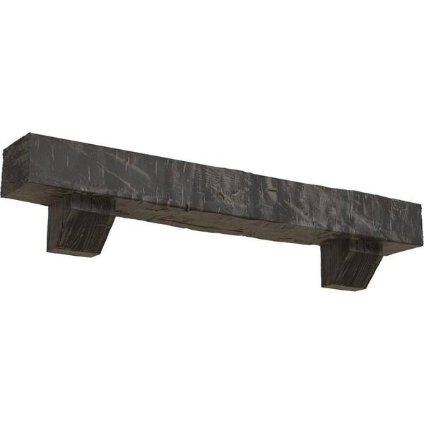 Ekena Millwork 8 in. x 8 in. x 3 ft. Hand Hewn Faux Wood Fireplace Mantel Kit, Ashford Corbels, Aged Cedar