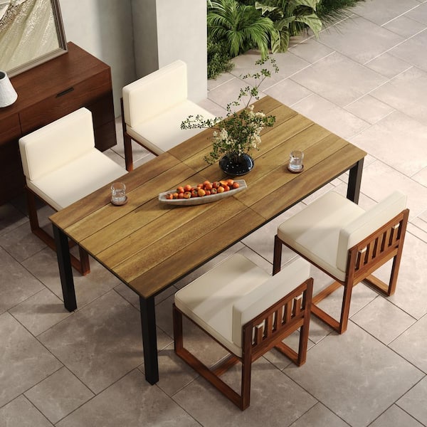 Valoria 5-Piece Outdoor Patio Dining Set with Cushions, Metal Frame Table, Acacia Wood, Teak + Beige + Black