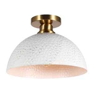 11.75 in. 1-Light Gold Farmhouse Semi-Flush Mount Ceiling Light With White Metal Shade
