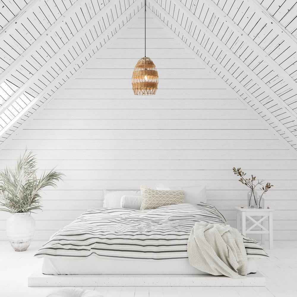 12.75" Tan Rattan and Metal Bowl Pendant Ceiling Light