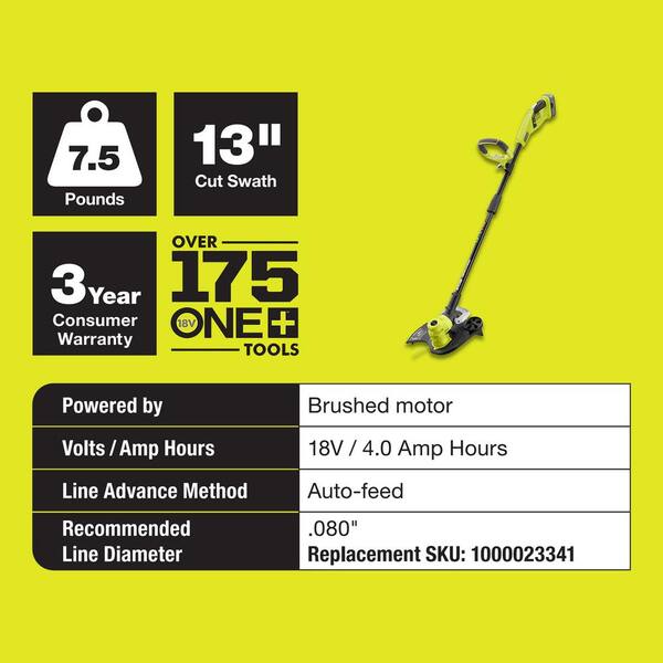 Ryobi One 18 Volt Lithium Ion Cordless String Trimmer Edger 4 0 Ah Battery And Charger Included P80 The Home Depot