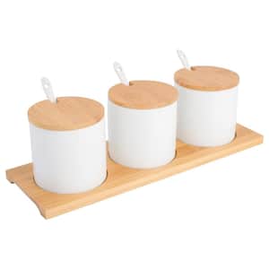 Gracious Dining 10-Piece Fine Ceramic Condiment Servers Jar Bamboo Lids Spoons White