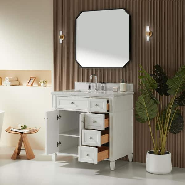 36 in. W Single Sink White Freestanding Solid Wood Bath Vanity with White Marble Top, Assembled