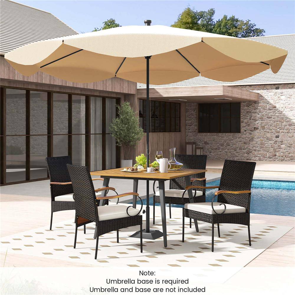 Brown 5-Piece Wood Square 29.5 Outdoor Dining Set with Off White Cushions 1.9 in. Umbrella Hole