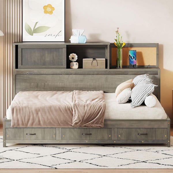 Gray Full Size Wooden Daybed with 3 Drawers, Shelf, and a Set of Sockets and USB Ports