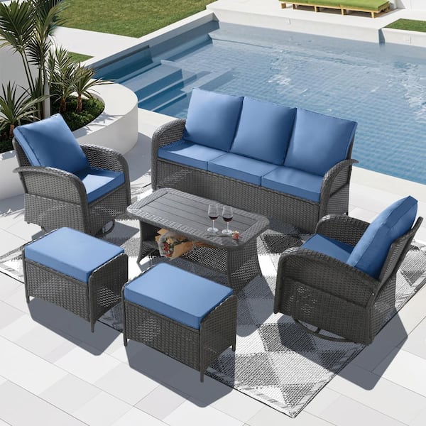 NOBLEMOOD Gray 6-Pieces Wicker Outdoor Couch with Swivel Rocker Chairs Blue Cushions
