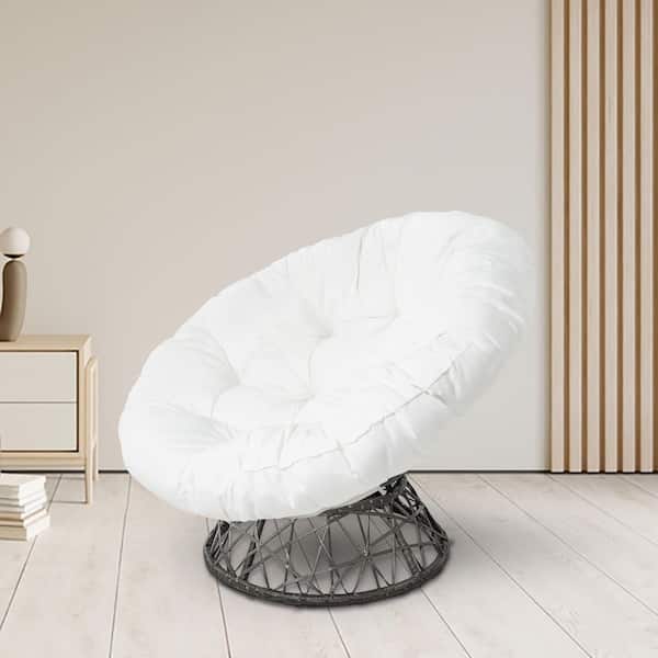Wicker Papasan Chair with Oversized Cushion and Swivel Base, Indoor and Outdoor Lounge Chair in White, Dark Gray