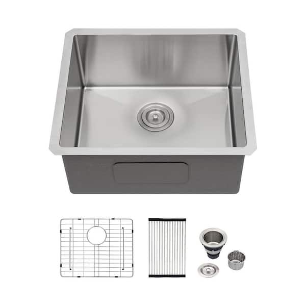 21 in. Undermount Sink Single Bowl 16-Gauge Brushed Stainless Steel Kitchen Sink with Bottom Grid and Drying Rack
