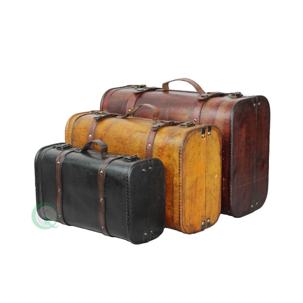 Vintage Style 3-Piece Brown and Black Wood Suitcase Set