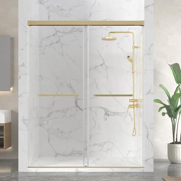 Ward Series 76 in. x 56-60 in. Frameless Sliding Shower Door in Brushed Gold with 3/8 in. (10mm) Tempered Clear Glass