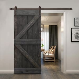 42 in. x 84 in. Distressed K Series Charcoal Black DIY Solid Pine Wood Interior Sliding Barn Door with Hardware Kit